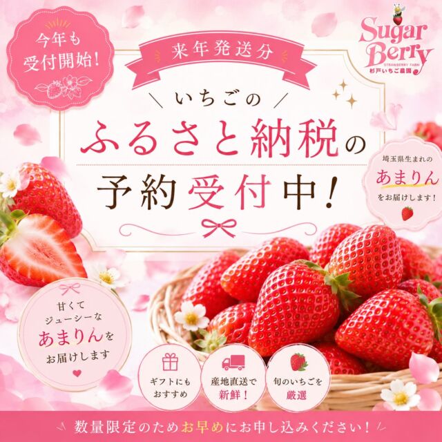 🍓ふるさと納税受付中です🍓

来年度発送分の「あまりん」、
ただいま予約受付中です☺️✨

今年もたくさんの方に
あまりんを選んでいただき、
本当にありがとうございました☀️

「おいしかった！」「また食べたい！」など、
嬉しいお声をいただけることが
私たちにとって何よりの励みになっています🍓

そして、来年度は
より多くの方にあまりんをお届けできるよう、
受付数を増やしました💪✨

「来年も食べたい！」と思ってくださっている方、
気になっている方は、ぜひお早めにお申し込みください◎

数量限定となりますので、
予定数に達し次第、受付終了となります🙇‍♀️

甘くてジューシーな「あまりん」を
ぜひご自宅で楽しんでいただけたら嬉しいです🍓🤍

杉戸町には、あまりんをはじめ
魅力的な返礼品がたくさんあります✨

この機会にぜひ、
杉戸町のふるさと納税を楽しんでみてください☺️

皆さまからのご寄付を
心よりお待ちしております🌿🍓

#杉戸いちご農園 
#ふるさと納税 
#あまりん 
#いちご